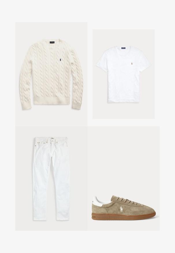 Pull blanc à manches longues en maille torsadée, col rond et petit logo Polo Ralph Lauren bleu foncé sur la poitrine gauche.; T-shirt blanc à col rond et manches courtes avec petit logo Polo Ralph Lauren brodé sur la poitrine gauche et étiquette de marque bleue à l’intérieur du col.; Jean slim blanc avec cinq poches, fermeture à boutons et passants de ceinture, posé à plat sur un fond uni clair.; Baskets basses en daim beige avec semelle marron, détail blanc au talon, lacets et logo brodé d’un joueur de polo blanc sur le côté.