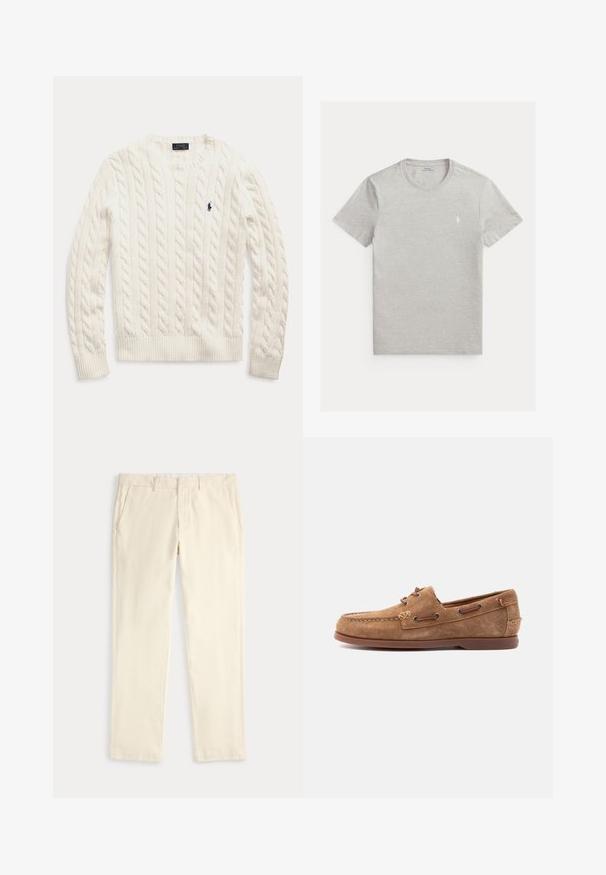 Pull blanc à manches longues en maille torsadée, col rond et petit logo Polo Ralph Lauren bleu foncé sur la poitrine gauche.; T-shirt gris clair à manches courtes et col rond avec petit logo cheval blanc Polo Ralph Lauren sur la poitrine gauche.; Pantalon droit de couleur crème avec passants de ceinture et poches latérales, présenté à plat sur un fond clair.; Mocassin en daim marron avec détails en lacet de cuir, pointe cousue et semelle en caoutchouc plate, présenté de profil sur un fond clair.