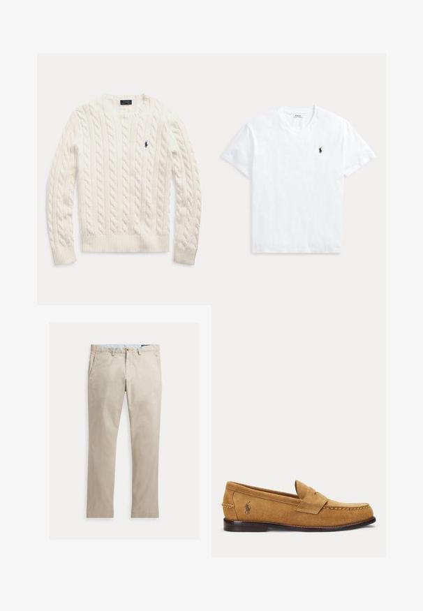 Pull blanc à manches longues en maille torsadée, col rond et petit logo Polo Ralph Lauren bleu foncé sur la poitrine gauche.; T-shirt blanc à manches courtes et col en V avec un petit logo cheval Polo Ralph Lauren bleu marine sur la poitrine gauche.; Pantalon beige en coton à jambes droites, avec poches avant, passants de ceinture, fermeture par bouton et braguette zippée, présenté à plat sur fond blanc.; Mocassin en daim fauve avec détails cousus et petit logo brodé de cheval sur le côté, avec un petit talon en bois et design sans lacets.