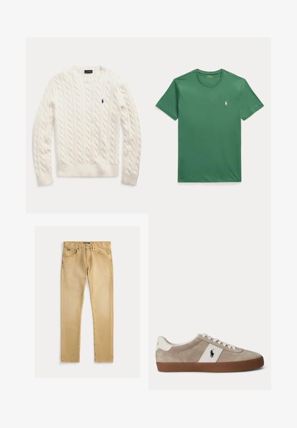 Weißer, kabelgestrickter Pullover mit langen Ärmeln, Rundhalsausschnitt und kleinem dunkelblauem Polo Ralph Lauren-Logo auf der linken Brust.; Grünes kurzärmeliges Rundhals-T-Shirt mit kleinem weißem Polo Ralph Lauren Pferdelogo auf der linken Brust.; Beige Baumwolljeans mit schlanker Passform, fünf Taschen-Design und sichtbaren Nähten. Verfügt über einen Metallknopf und ein Etikett am Bund.; Beiger Wildleder-Sneaker mit niedrigem Schaft, weißen Schnürsenkeln, weißem Lederakzent mit schwarzem Pferdelogo und brauner Gummisohle.