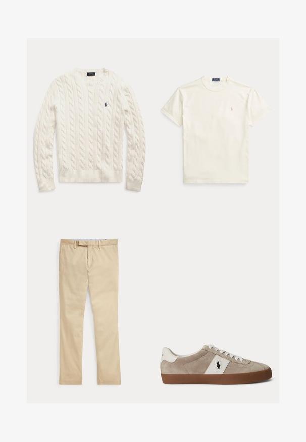 Pull blanc à manches longues en maille torsadée, col rond et petit logo Polo Ralph Lauren bleu foncé sur la poitrine gauche.; T-shirt en coton de couleur crème à manches courtes. Présente un logo brodé discret sur la poitrine gauche et un col rond.; Pantalon beige à jambes droites avec passants de ceinture et braguette zippée à l'avant, posé à plat sur un fond blanc.; Baskets basses en daim beige avec lacets blancs, détail en cuir blanc avec logo cheval noir, et semelle en caoutchouc marron.