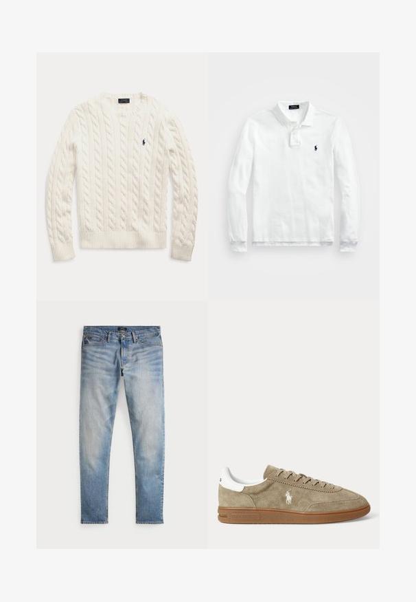 Weißer, kabelgestrickter Pullover mit langen Ärmeln, Rundhalsausschnitt und kleinem dunkelblauem Polo Ralph Lauren-Logo auf der linken Brust.; Weißes Langarm-Polohemd aus Baumwolle, mit klassischem Kragen, Knopfleiste mit drei Knöpfen und einem dunkelblauen Logo auf der linken Brust.; Helle blaue Denim-Jeans mit einem ausgewaschenen Finish, Fünf-Taschen-Design und kontrastierenden Nähten. Mit Reißverschluss und Gürtelschlaufen. Gerade geschnitten.; Beiger Wildleder-Sneaker in niedrigem Schnitt mit brauner Sohle, weißem Fersendetail, Schnürsenkeln und weißem, seitlich gesticktem Polo-Spieler-Logo.