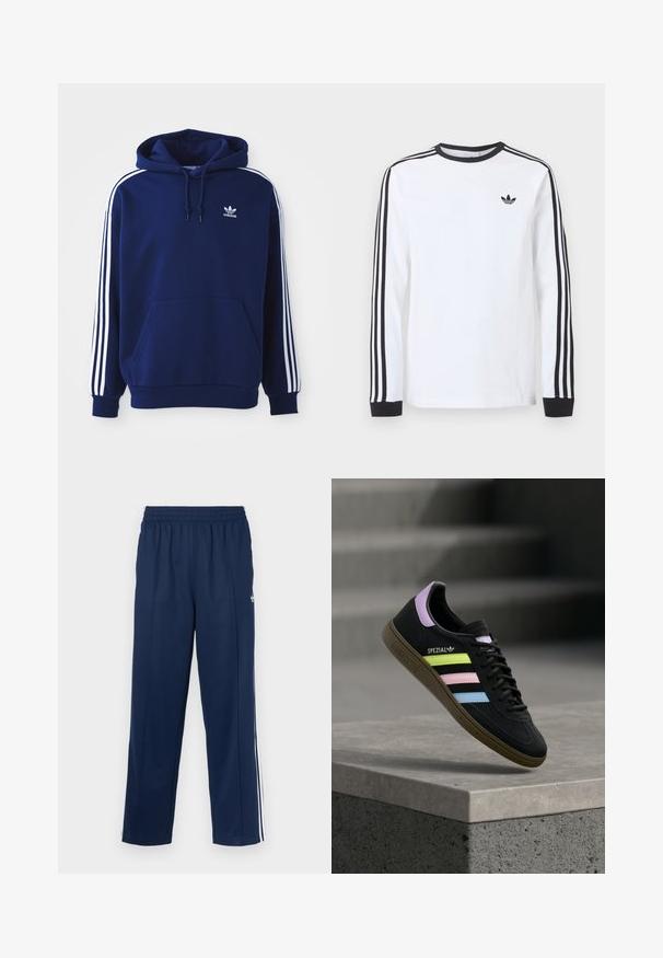 Dunkelblauer Hoodie aus Baumwollmischung, mit weißen Seitenstreifen, einer verstellbaren Kapuze mit Kordelzug und einer vorderen Kängurutasche.; Weißes Adidas-Langarmshirt mit schwarzem Rundhalsausschnitt, schwarzen Bündchen, drei schwarzen Streifen an den Ärmeln und schwarzem Trefoil-Logo auf der Brust.; Marineblaue Sporthose mit strukturierter Oberfläche, elastischem Bund und weißen Seitenstreifen. Mit geradem Schnitt und ohne Taschen.; Schwarzer Adidas Spezial Sneaker mit pastellgelben, pinken und blauen Streifen, lavendelfarbenem Fersenlaschen und brauner Sohle, schwebend über einer Betonkante.