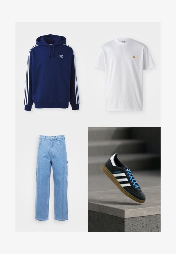 Dunkelblauer Hoodie aus Baumwollmischung, mit weißen Seitenstreifen, einer verstellbaren Kapuze mit Kordelzug und einer vorderen Kängurutasche.; Weißes Baumwoll-T-Shirt mit kurzen Ärmeln, Rundhalsausschnitt, mit einem kleinen goldenen Logo im linken Brustbereich. Weicher Stoff und normale Passform.; Hellblaue Denim-Cargohosen mit geradem Bein, Vordertaschen und seitlichen Cargotaschen. Der Stoff hat eine glatte Textur mit einem leicht verwaschenen Finish.; Schwarzer Adidas-Sneaker mit weißen Streifen, blauen Schnürsenkeln und Gummisohle, der über einer grauen Betontreppe im weichen Licht schwebt.
