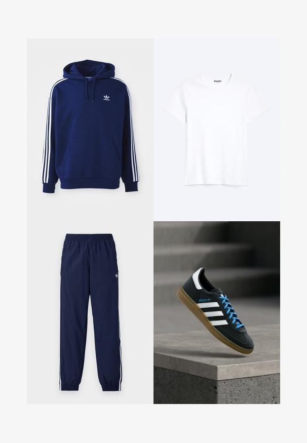 Dunkelblauer Hoodie aus Baumwollmischung, mit weißen Seitenstreifen, einer verstellbaren Kapuze mit Kordelzug und einer vorderen Kängurutasche.; Schlichtes weißes T-Shirt mit kurzen Ärmeln und Rundhalsausschnitt mit gut sichtbarem WEEKDAY-Label am Kragen, dargestellt auf hellem Hintergrund.; Marineblaue Trainingshose aus leichtem Stoff, mit weißen Streifen an den Seiten, einem elastischen Bund und einem kleinen Logo.; Schwarzer Adidas-Sneaker mit weißen Streifen, blauen Schnürsenkeln und Gummisohle, der über einer grauen Betontreppe im weichen Licht schwebt.