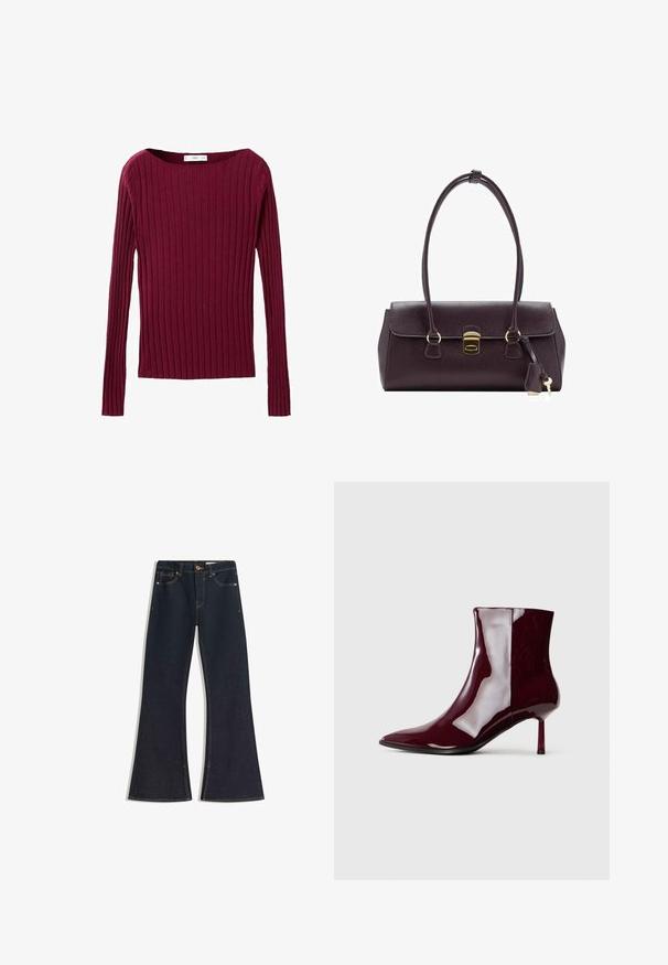 Bordeaux geribbelde longsleeve top met een ruime halslijn en een aansluitende pasvorm, gemaakt van een zachte breimateriaal.; Donkere denim jeans met uitlopende pijpen, voorzien van een hoge taille, contrasterende stiknaden, knoopsluiting en vier zakken. De pijpen worden wijder bij de zoom.; Glanzende donkerrode enkellaars met pointed toe en dunne, middelhoge hak op een effen lichte achtergrond.; Donkerpaarse leren handtas met een gestructureerd ontwerp, dubbele handgrepen, gouden beslag en een platte klep met een sluiting en sleutelhangerdetail.
