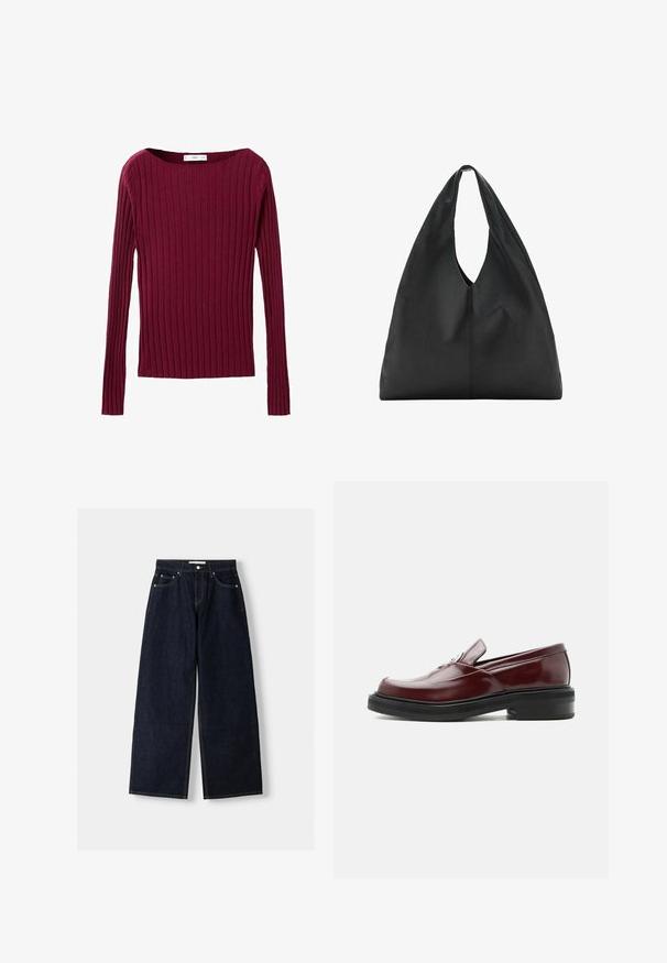 Burgunderfarvet ribbet langærmet top med en bred halsudskæring og tætsiddende silhuet, lavet af et blødt strikkemateriale.; Mørkeblå denim wide-leg jeans med høj talje, fem lommer, kontraststing og sølvfarvet metalbeslag. Glat overflade og pæn finish.; Bordeaux rød læderloafer med sort solid sål og sølvfarvet dekorativ spænde, vist i sideprofil på hvid baggrund.; Sort skuldertaske i læder med stort, blødt design og et dybt, aflangt udskåret håndtag for nem bæring. Glat tekstur, minimalistisk stil.