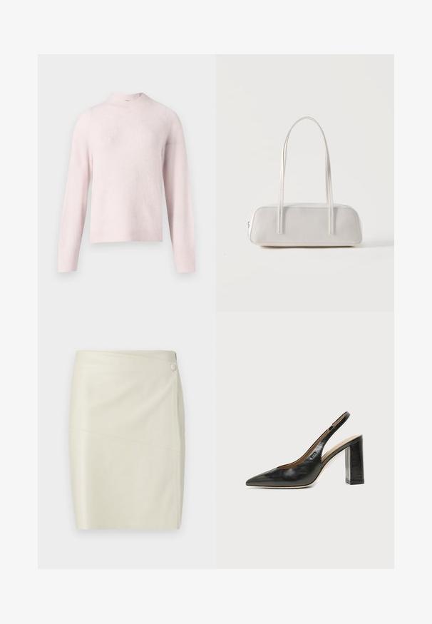 Pull tricoté rose clair avec col montant, manches longues et texture côtelée. Coupe décontractée avec un design simple et sans coutures.; Jupe crayon en similicuir couleur crème avec une couture diagonale et une fermeture boutonnée recouverte sur le dessus.; Chaussure slingback en cuir noir à bout pointu avec un talon bloc haut et une doublure intérieure beige sur un fond clair uni.; Sac d'épaule rectangulaire blanc avec des bretelles longues et fines, couture minimale, et fermeture éclair sur un fond uni.