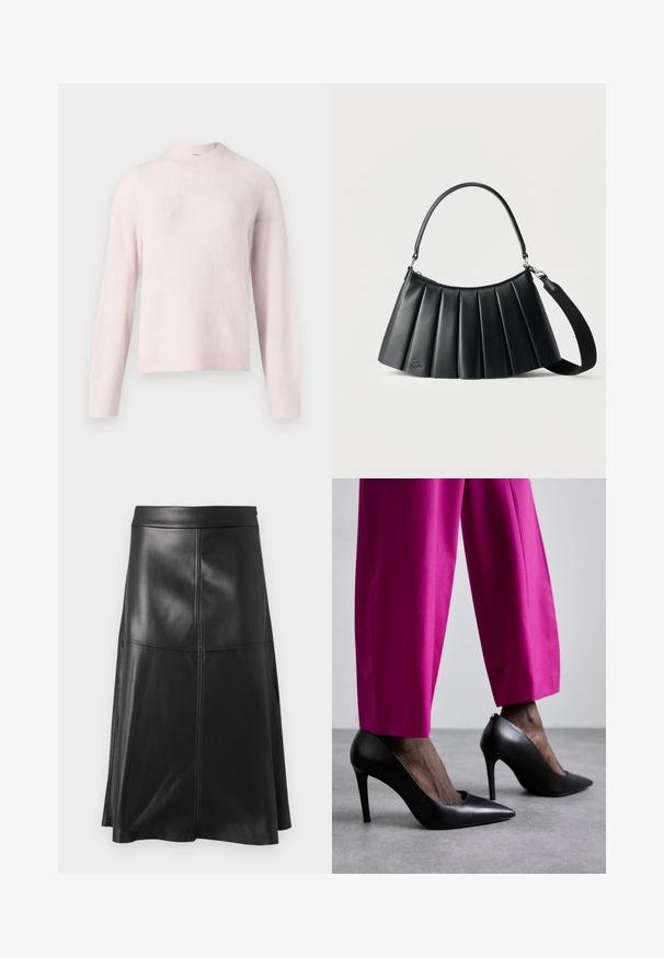 Pull tricoté rose clair avec col montant, manches longues et texture côtelée. Coupe décontractée avec un design simple et sans coutures.; Jupe noire en cuir en forme d'A, avec une texture lisse, présentant des détails de couture verticale et une ceinture. L'ourlet tombe juste en dessous du genou.; Chaussures à talons hauts noires avec un design à bout pointu et une texture en cuir lisse. Associées à des pantalons ajustés rose vif.; Sac à main en cuir noir plissé avec poignée supérieure et bandoulière amovible sur un fond clair uni.