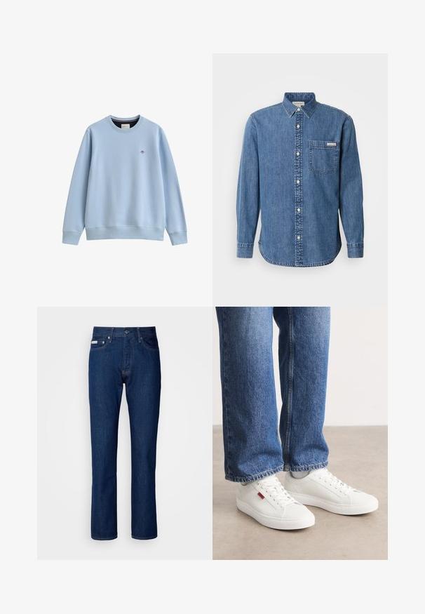 Lyseblå crewneck sweatshirtt med ribbede manchetter og kant, med en lille broderet logo på venstre bryst.; Denimskjorte i mellemblå med knappet krave, lange ærmer, forlommes og hvide knapper. Har en let buet kant.; Mørkeblå denim jeans med lige ben sammen design, der har lynlås og knaplukning, fem lommer og subtile stikninger.; Hvide sneakers med en glat overflade, rund tå og flad sål. Accompaneret af blå denim jeans med en lige pasform og synlige sømme.