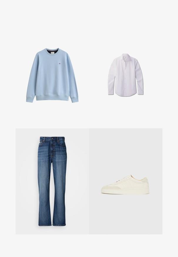 Sweat-shirt bleu clair à col rond avec poignets et ourlet côtelés, avec un petit logo brodé sur le côté gauche de la poitrine.; Jeune homme aux cheveux courts et bouclés portant une chemise blanche boutonnée et un pantalon noir, debout les mains derrière le dos.; Jean en denim bleu avec une taille haute, jambes évasées, design à cinq poches et couture ton sur ton. Comprend une fermeture à bouton et des poches rivetées.; Baskets en daim blanc à finition lisse, embout rond, design lacé plat, avec des accents texturés contrastants. Comprend un détail de logo subtil.