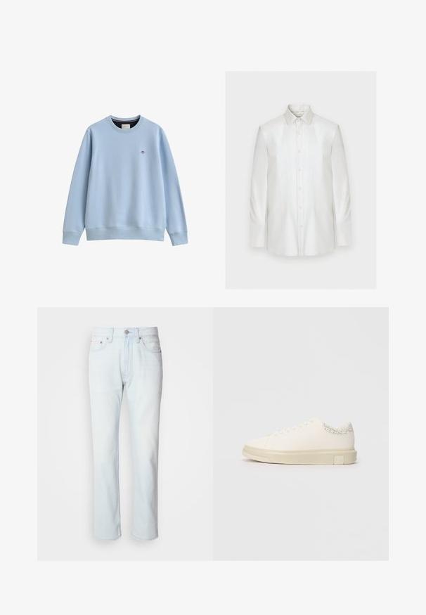 Sweat-shirt bleu clair à col rond avec poignets et ourlet côtelés, avec un petit logo brodé sur le côté gauche de la poitrine.; Chemise blanche à manches longues avec boutons et col pointu, présentée de face sur un fond clair uni.; Jean en denim bleu clair avec une coupe droite. Présente une fermeture à bouton et des passants de ceinture, mettant en valeur une texture décolorée et des coutures minimalistes.; Sneaker blanc avec une tige en toile lisse, des lacets plats, un col rembourré et un accent gris texturé à l'arrière. Semelle en caoutchouc épaisse.