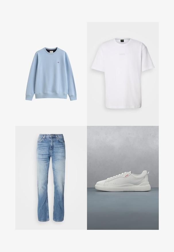 Lyseblå crewneck sweatshirtt med ribbede manchetter og kant, med en lille broderet logo på venstre bryst.; Hvid bomulds T-shirt med korte ærmer, rund halsudskæring og præget "BOSS" logo på brystet. Glat tekstur, standard pasform.; Lyseblå denimjeans med lige ben, slidt finish, fem lommer og knaplukning. Klassisk design og medium tykkelse.; Hvide sneakers med en glat læderfinish, rund tå, fire snørehuller, subtile perforeringer og en rød logo detalje på siden.
