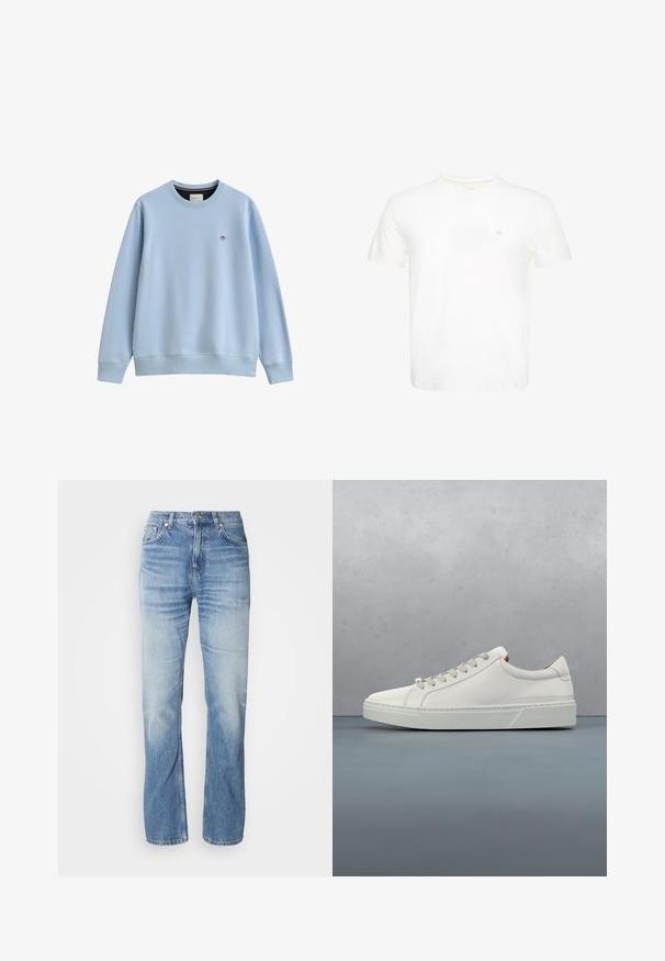 Lyseblå crewneck sweatshirtt med ribbede manchetter og kant, med en lille broderet logo på venstre bryst.; Hvid T-shirt med korte ærmer og rund hals med lille broderet "ck" logo på venstre bryst.; Lyseblå denimjeans med lige ben, slidt finish, fem lommer og knaplukning. Klassisk design og medium tykkelse.; Hvid lædersneaker med rund tå, minimalistisk design, grå snørebånd og en tekstureret grå gummisål. Subtile syningsdetaljer er synlige.
