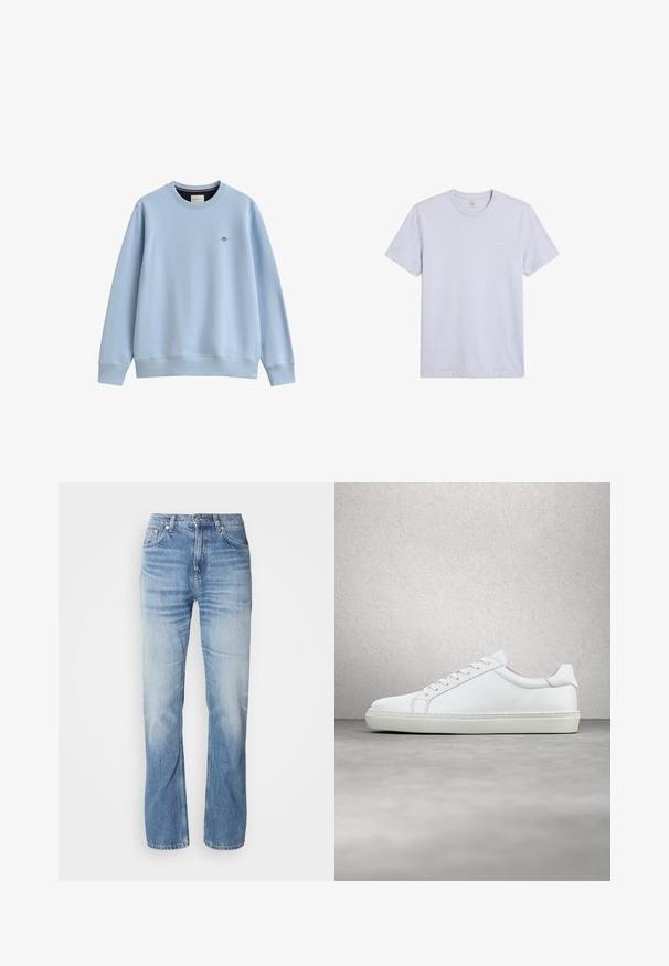 Lyseblå crewneck sweatshirtt med ribbede manchetter og kant, med en lille broderet logo på venstre bryst.; Enkel lysegrå T-shirt med korte ærmer og rund hals, med lille hvid Calvin Klein-logo på venstre bryst.; Lyseblå denimjeans med lige ben, slidt finish, fem lommer og knaplukning. Klassisk design og medium tykkelse.; Hvide sneakers med en glat læderoverdel og lav profil. Har en rund tå, seks snørehuller og en tekstureret gummisål.