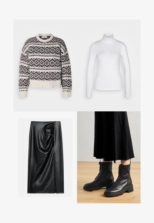 Pletený sveter v krémovej a tmavo hnedej farbe. Obsahuje geometrický vzor, rebrovaný výstrih a lem, dlhé rukávy a skrátený strih.; Biela dlhá rukáv turtleneck košeľa vyrobená z hladkej, pružnej látky. Má priliehavý strih a vysoký golier. Bez viditeľných vzorov alebo akcentov.; Čierna kožená sukňa s hladkou textúrou, ktorá má nariasenú časť na jednej strane a bočný rozparok pre prídavnú detalizáciu.; Čierne kožené členkové topánky s masívnou platformou a predným zipsom. Hladká textúra s minimalistickým dizajnom.