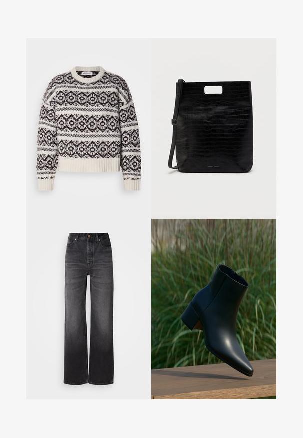 Pull en tricot crème et marron foncé. Il présente un motif géométrique, un col et un ourlet côtelés, des manches longues et une coupe courte.; Jeans en denim noir évasés à taille haute, cinq poches, fermeture à bouton et texture légèrement décolorée. Tissu épais avec une coupe structurée.; Bottine noire en cuir avec talon bloc, bout pointu, présentée au-dessus d'une surface en bois avec un fond flou d'herbe verte.; Sac fourre-tout en simili cuir noir avec texture crocodile, forme rectangulaire, découpes pour les poignées sur le dessus et bandoulière amovible. Logo de la marque affiché.