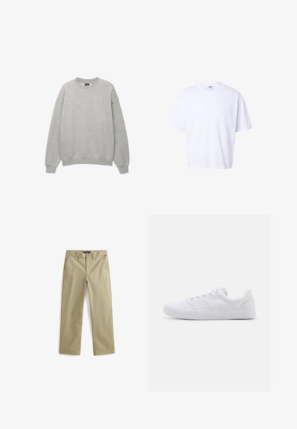 Lichtgrijze sweater met ronde hals, lange mouwen, geribbelde manchetten en zoom, afgebeeld op een witte achtergrond.; Effen witte katoenen T-shirt met korte mouwen, ronde hals, losse pasvorm en Urban Classic merklabel aan de binnenkant van de kraag.; Beige katoenen chinos met een rechte pijp, voorzien van twee voorzakken en een klassieke knoopsluiting. Soepele textuur, minimale accenten.; Witte canvas sneakers met een rubberen zool, voorzien van zes oogjes, een gestructureerde neuskap en een minimalistisch ontwerp.