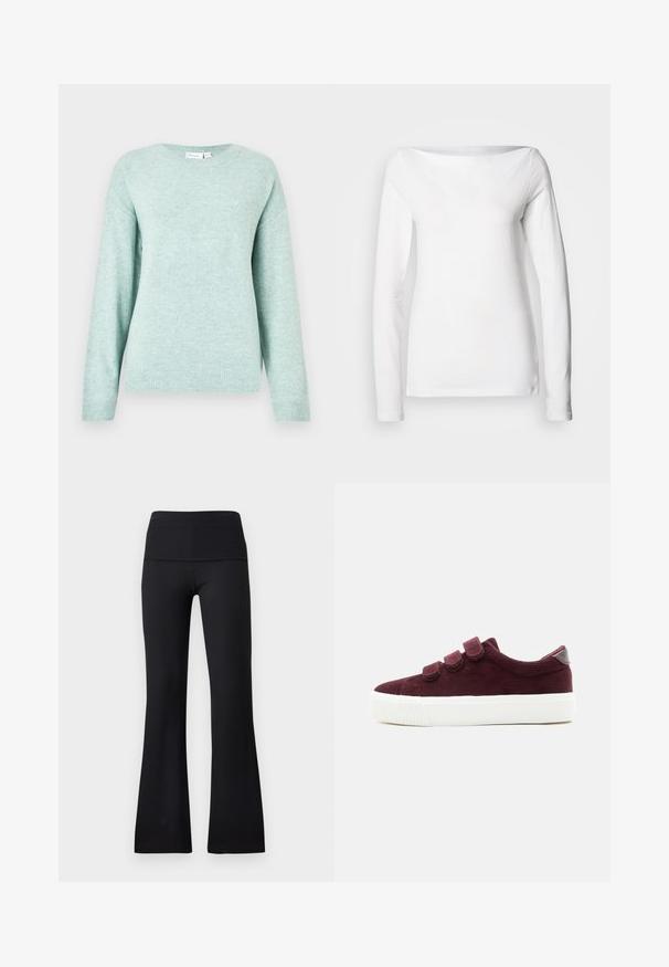 Pull vert menthe clair en tissu doux, avec un col rond, des manches longues et des poignets et ourlet côtelés. Sans motifs ni accents visibles.; Chemise blanche à manches longues en coton, avec un large col bateau et une silhouette ajustée. Texture lisse sans motifs ni accents visibles.; Leggings évasés noirs à côtes avec une large ceinture, présentant une texture lisse sans aucune fermeture visible ni motif.; Baskets en velours côtelé bordeaux avec trois bandes auto-agrippantes et une semelle en caoutchouc blanc épaisse, vues de profil sur un fond uni.