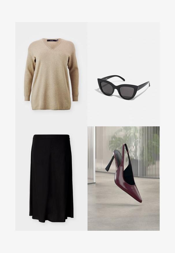 Vero Moda Curve VMCGOLD ROLL LONG VNECK - Pullover - silver mink; Jupe noire longueur genoux, coupe trapèze, avec une ceinture lisse et un tissu fluide, présentée sur un fond clair uni.; Escarpin slingback rouge foncé brillant à talon haut, bout pointu et doublure intérieure noire, flottant au-dessus d'un sol en béton lisse à l'intérieur.; Lunettes de soleil noires en forme d'œil de chat avec une finition mate, dotées de verres teintés gris, d'angles aigus et de branches élégantes. Nom de la marque visible sur la branche intérieure.