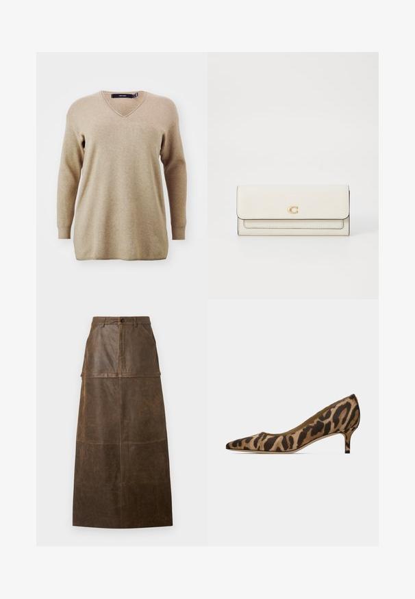 Vero Moda Curve VMCGOLD ROLL LONG VNECK - Pullover - silver mink; Jupe midi en cuir marron avec taille haute, poches avant et une texture lisse avec des accents de couture visibles.; Chaussure à talon bas « kitten heel » à bout pointu avec motif léopard dans des tons marron et noir, vue de côté.; Portefeuille texturé blanc avec un logo doré, design pliable et couture en contraste. Forme compacte adaptée au transport des essentiels.