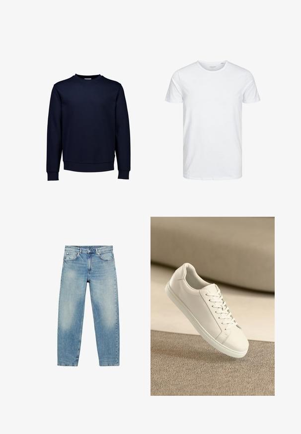 Mørkeblå sweatshirt lavet af blødt bomuldsblandingsstof, med rund halsudskæring, lange ærmer samt ribbede manchetter og kant.; Rundhals kortærmet t-shirt i ensfarvet hvid, lavet af blød bomuld, har et simpelt design uden synlige mønstre eller detaljer.; Blå straight-leg denim jeans med forlommer og bæltestropper, der viser let falmede detaljer på lår og knæ.; Hvide lædersneakers med hvide snørebånd, præsenteret på en beige tekstureret overflade og med en blødt uskarp baggrund.