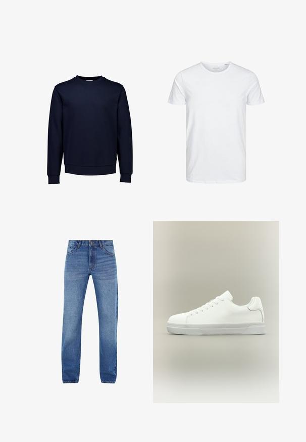 Dunkelblaues Sweatshirt aus weichem Baumwollmischgewebe, mit Rundhalsausschnitt, langen Ärmeln sowie gerippten Bündchen und Saum.; Rundhals-T-Shirt mit kurzen Ärmeln in reinem Weiß, aus weicher Baumwolle, mit einem schlichten Design ohne sichtbare Muster oder Akzente.; Blaue Jeans aus Denim mit geradem Schnitt, fünf Taschen und einem Reißverschluss. Dezente Ausbleichungen an der Vorderseite, mit orangefarbenen Nähten.; Weißer Sneaker in niedriger Schnittform mit Schnürung vorne, gepolstertem Kragen und strukturiertem Gummisohle, seitlich auf neutralem Hintergrund dargestellt.