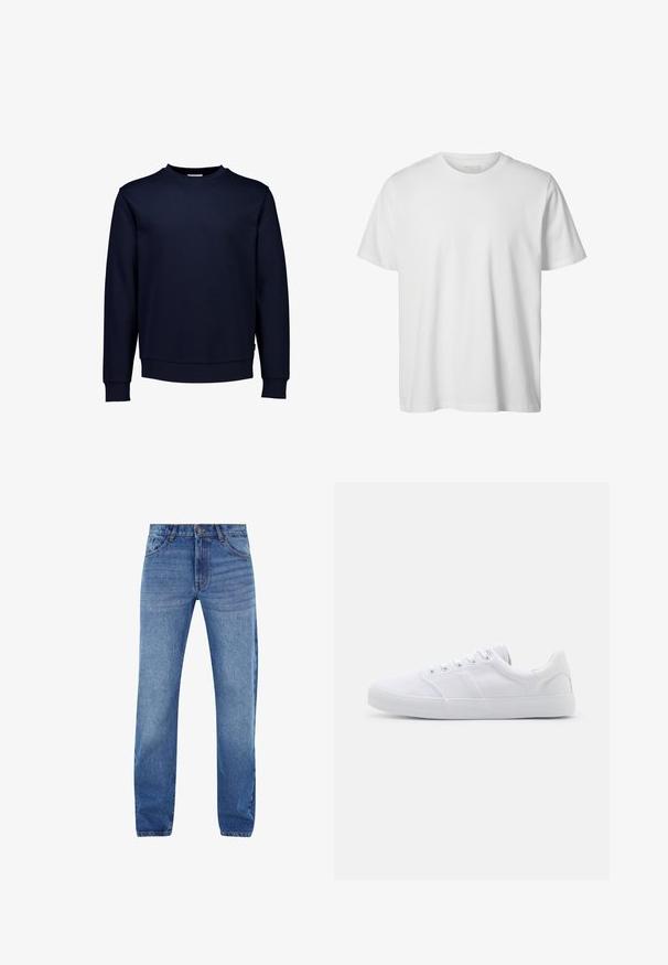 Mørkeblå sweatshirt lavet af blødt bomuldsblandingsstof, med rund halsudskæring, lange ærmer samt ribbede manchetter og kant.; Enkelt hvid T-shirt med korte ærmer og rund hals, løs pasform og uden synlige logoer eller designs foran.; Blå denim jeans med lige pasform, fem lommer og lynlås. Subtil falmning foran, broderede detaljer i orange.; Hvide lærreds sneakers med gummisål, der har seks snørehuller, en struktureret tåkap og et minimalistisk design.