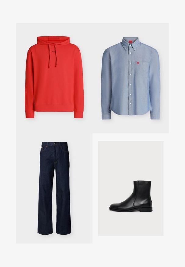 Sweat à capuche rouge à manches longues avec cordons, avec petit texte noir « HUGO » au centre devant.; Chemise bleu clair à manches longues boutonnée avec une poche poitrine, des boutons blancs, un col boutonné et de petites étiquettes rouges avec le logo Hugo sur la poche et à l’intérieur du col.; Jean droit en denim bleu foncé avec design à cinq poches et fermeture par boutons, présenté sur un fond clair uni.; Bottine noire en cuir lisse avec petit talon et fermeture éclair latérale, étiquetée Hugo près du bord supérieur.