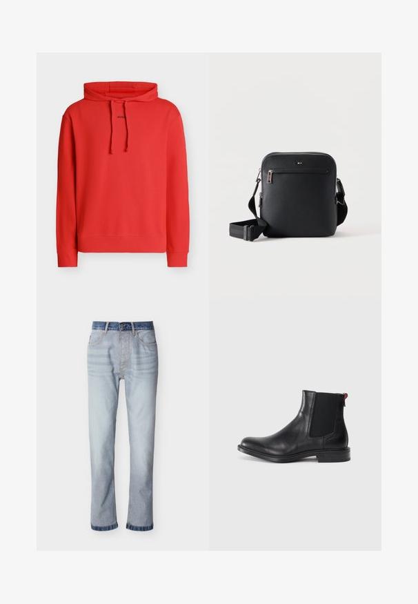 Sweat à capuche rouge à manches longues avec cordons, avec petit texte noir « HUGO » au centre devant.; Jean denim bleu clair avec une ceinture bleu foncé, coupe droite, cinq poches et détails de couture visibles.; Bottine Chelsea en cuir noir avec des panneaux élastiques sur les côtés, bout rond et petit talon empilé. Équipée d'une languette rouge et d'un logo subtil sur le côté.; Sac bandoulière en cuir noir avec poche zippée à l'avant et bandoulière réglable sur fond blanc uni.