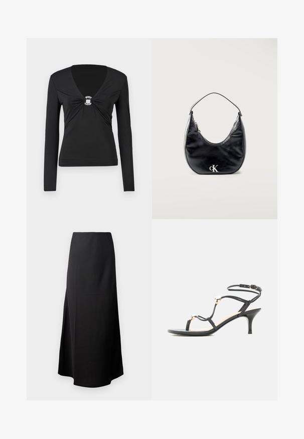 Zwarte lange mouwen top met een V-hals, voorzien van een geknoopte middenstuk met een decoratieve zilveren ring. Glad, aansluitend materiaal, minimale uitstraling.; Zwarte midi-jurk met een gladde textuur, ontworpen met een hoge taille en een zijsplit, met een eenvoudige, onversierde silhouet.; Zwarte sandaal met bandjes en een middenhoge hak, gouden accentkralen en enkelbandje met gesp op een witte achtergrond.; Zwarte leren handtas in halvemaanvorm met korte riem en zilveren "cK" logo aan de voorkant, ritssluiting aan de bovenkant.