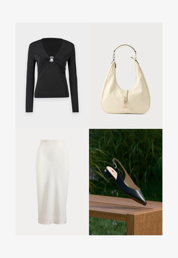 Zwarte lange mouwen top met een V-hals, voorzien van een geknoopte middenstuk met een decoratieve zilveren ring. Glad, aansluitend materiaal, minimale uitstraling.; Witte kokerrok met hoge taille, gladde textuur en rechte zoom, getoond tegen een neutrale achtergrond.; Zwarte leren slingback platte schoen met puntige neus en verstelbare gespsluiting, getoond boven een houten tafel met groene bladeren op de achtergrond.; Crèmekleurige leren handtas met een gebogen vorm, een handvat aan de bovenkant en hardware in goudkleur. Voorzien van een ritssluiting en een merkaccent.