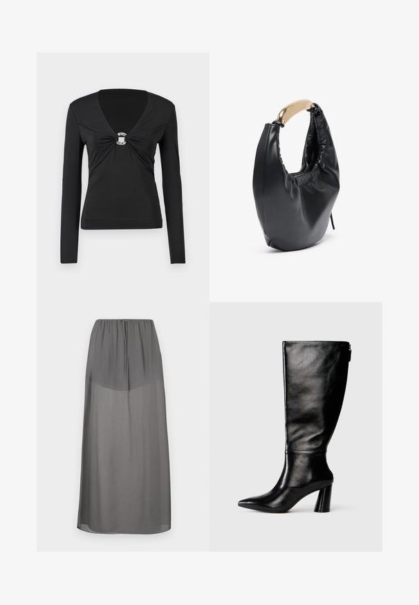 Zwarte lange mouwen top met een V-hals, voorzien van een geknoopte middenstuk met een decoratieve zilveren ring. Glad, aansluitend materiaal, minimale uitstraling.; Grijze maxi-rok met een elastische tailleband, gemaakt van lichtgewicht, doorschijnende stof. Heeft een gladde textuur en een vloerbedekkend ontwerp.; Zwart leren laars tot de knie met een puntige neus, gladde textuur en een chunky hak. Bevat een ritsdetail aan de achterkant.; Zwarte nepleren handtas met een gebogen silhouet. Beschikt over een glanzend gouden handvat en een gegromde textuur langs de bovenopening.