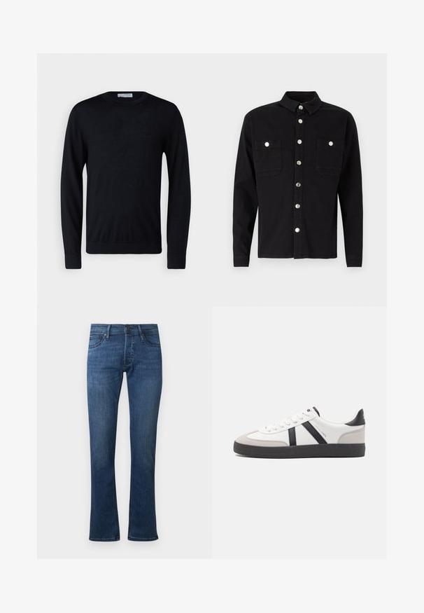 Schwarzer Pullover mit langen Ärmeln und Rundhalsausschnitt, mit gerippten Bündchen und Saum, vor weißem Hintergrund präsentiert.; Denim Project DPMDPLOOSE OVERSIZED DENIM SHIRT - Hemd - black washed; Blaue gerade geschnittene Jeans aus Denim mit fünf Taschen und Knopfverschluss, die leichte Ausbleichungen an Oberschenkeln und Knien aufweisen.; Weiße Sneaker mit schwarz- und grau-aczenten, ausgestattet mit einer strukturierten grauen Zehenkappe, schwarzer Gummi-Sohle und flachen weißen Schnürsenkeln. Sauberes Design, minimalistische Stil.