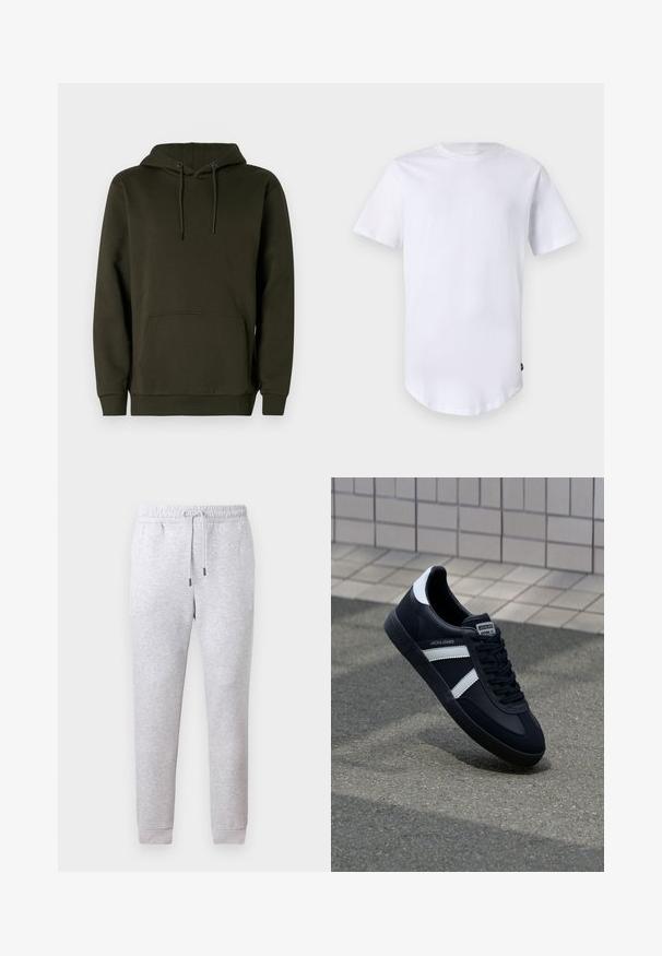 Dunkelgrüner Kapuzenpullover aus weichem Stoff, mit einer Kängurutasche, gerippten Bündchen und einem Kordelzug für die anpassbare Kapuze.; Weißes T-Shirt mit kurzen Ärmeln aus Baumwolle. Rundhalsausschnitt mit abgerundetem Saum. Etikett auf der unteren linken Seite sichtbar. Glatte Textur.; Grau Sweatpants aus weichem Baumwollmix. Mit elastischem Bund und Kordelzug sowie schmalen Bündchen. Glatte Textur, keine Muster.; Schwarze Leder-Sneaker mit weißen Streifen, strukturiertem Gummisohle und Schnürung. Verfügt über ein Markenetikett auf der Zunge.