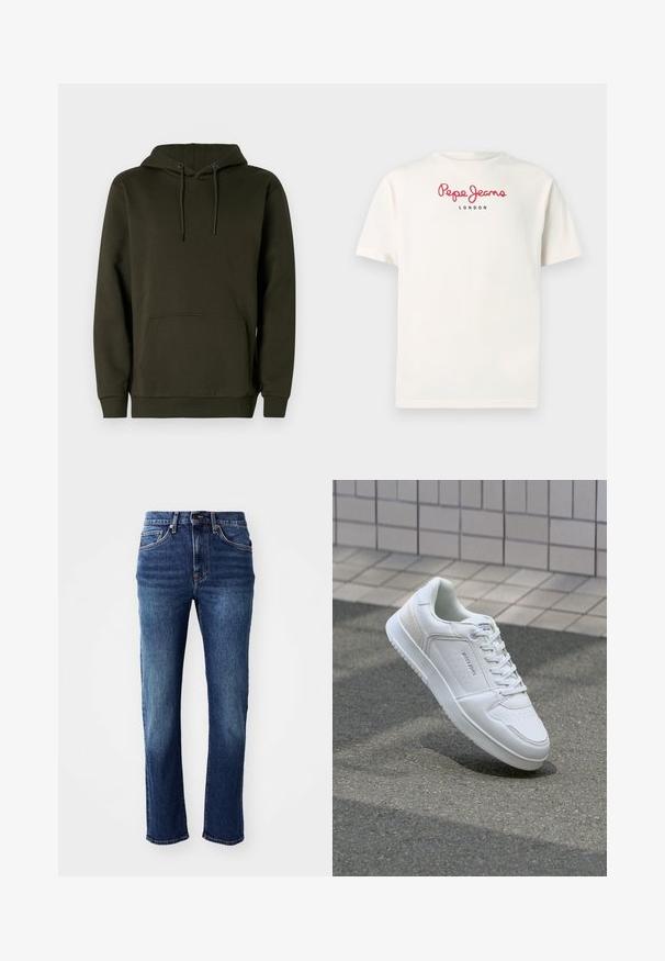 Mørkegrøn hættebluse lavet af blødt stof, har en kængurulomme, ribbet manchetter og snor til justerbar hætte.; Hvid bomuld t-shirt med korte ærmer. Fremhævet logo i rød skrift siger "Pepe Jeans" over "LONDON" i sort. Simpelt, afslappet design.; Mørkeblå denim jeans med lige ben-design, fem lommer og kobberfarvet hardware. Har subtilt slid på lårene.; Hvide sneakers med glat læderoverdel, perforeret tå for åndbarhed og tekstureret sidepanel. Letvægts gummisål. Snørebåndsdesign.