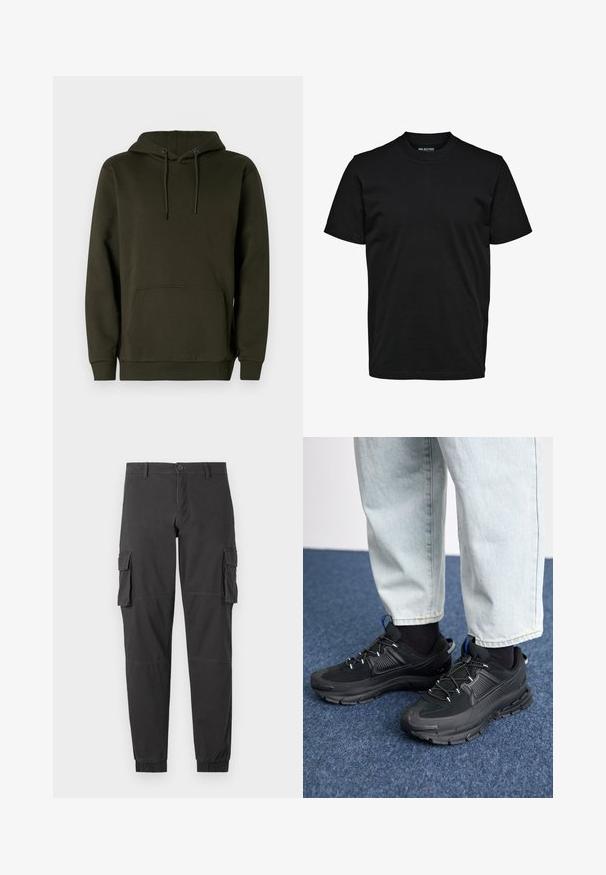Mørkegrøn hættebluse lavet af blødt stof, har en kængurulomme, ribbet manchetter og snor til justerbar hætte.; Simpel sort T-shirt med korte ærmer, rund hals og almindelig pasform uden synlige mønstre eller logoer.; Sorte cargo bukser med elastiske manchetter, som har flere sidelommer, knaplukning og synlige sømdetaljer.; Sorte træningssko med tekstureret stof og gummisåler, udstyret med elastiske snørebånd og en blå detalje på hælen. Bæres med lyse denimbukser.