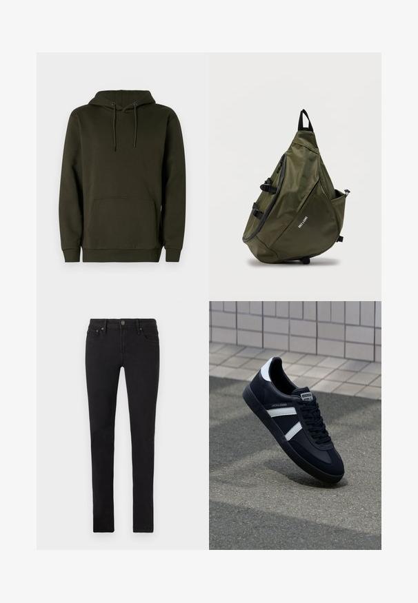 Mørkegrøn hættebluse lavet af blødt stof, har en kængurulomme, ribbet manchetter og snor til justerbar hætte.; Sorte slim-fit jeans med fem lommer, knaplukning og bælteklips, vist fladt på en hvid baggrund.; Sort lædersneaker med hvide striber, tekstureret gummisål og snørrebånd foran. Har et brandet mærke på tungen.; Olivengrænt trekantet sling-rygsæk med sort lynlås, justerbar strop, sidelomme og "ONLY SONS" logo foran.