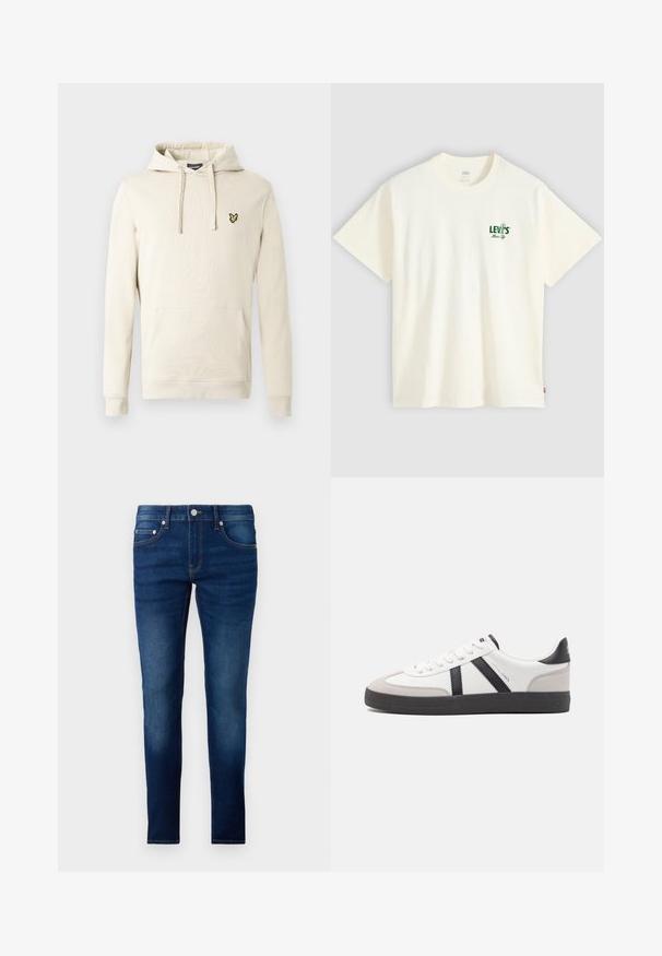 Hættetrøje i cremefarve lavet af blødt stof, med en kængurulomme foran og et lille gult emblem på brystet. Hætte med snøre inkluderet.; Off-white T-shirt med rund halsudskæring, korte ærmer og lille grønt "Levi's Music City" logo på venstre bryst.; Mørkeblå jeans med slank pasform, lavet af denim. Har fem lommer, knaplukning og subtil fading langs benene.; Hvide sneakers med sorte og grå detaljer, med en tekstureret grå tåhætte, sort gummisål og flade hvide snørebånd. Rent design, minimalistisk stil.