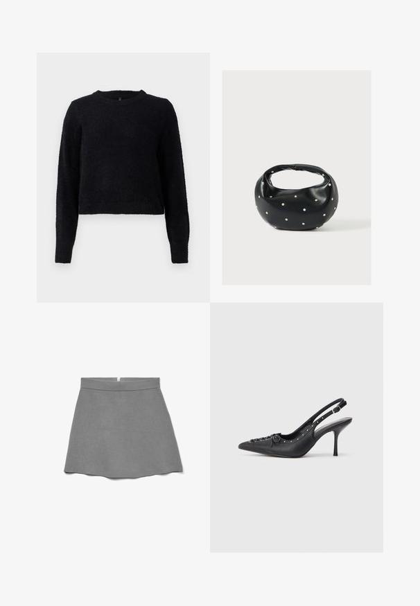Suéter de punto negro con mangas largas, cuello redondo y un acabado suave y texturizado. El diseño presenta un corte cropped y un dobladillo acanalado.; Falda gris hecha de tela suave, con cintura alta, forma acampanada y una cremallera oculta en la parte trasera.; Sandal de tacón stiletto negro de cuero con punta afilada, correa lateral con hebilla, tachuelas a lo largo del borde y cordones decorativos en la parte delantera.; Bolso de mano de cuero negro con forma redondeada, decorado con detalles de tachuelas plateadas y un asa corta. Textura lisa y cierre con cremallera.
