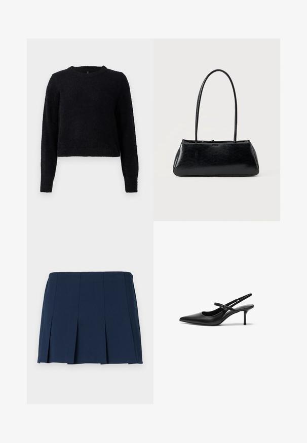 Sort strikket sweater med lange ærmer, rund halsudskæring og en blød, tekstureret finish. Designet har en cropped snit og ribbet kant.; Mørkeblå, plisseret mini nederdel med en lige talje, lavet af et glat stof. Har lodrette syninger langs plisseringerne.; Sorte læder slingback hæle med spids tå, slank justerbar rem og en stiletto hæl på cirka 5 cm, glat tekstur.; Sort rektangulær skuldertaske med lange tynde stropper og en glat, blank tekstur på en ensfarvet baggrund.
