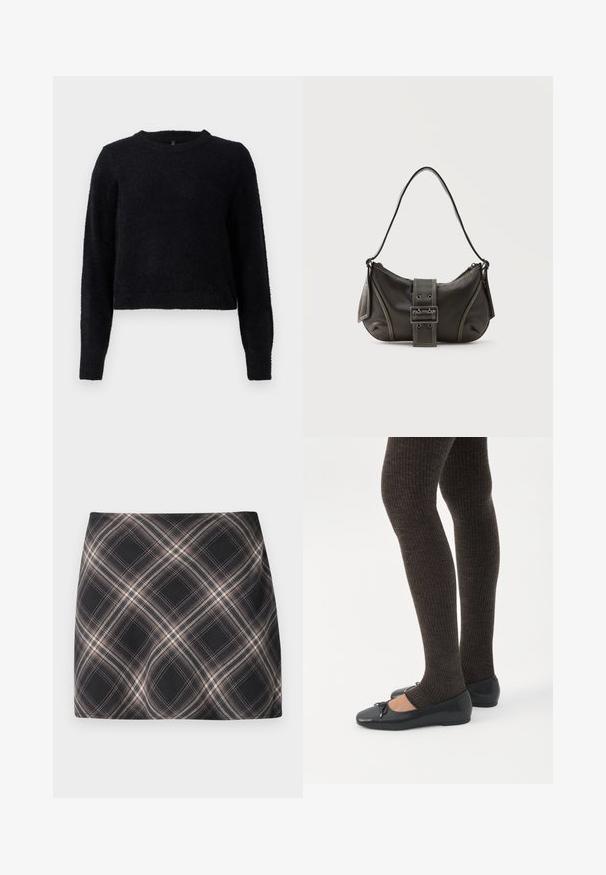 Pull en tricot noir avec des manches longues, un col rond et une finition douce et texturée. Le design présente une coupe cropped et un ourlet en côtes.; Jupe mini à carreaux noir et beige avec un motif à checks diagonal, taille ajustée et texture de tissu lisse.; Jambes portant des leggings côtelés foncés associés à des ballerines noires avec de petits détails en nœud sur fond blanc.; Sac à épaule en cuir noir avec une sangle à boucle, des bords arrondis et des coutures blanches contrastées sur un fond uni.