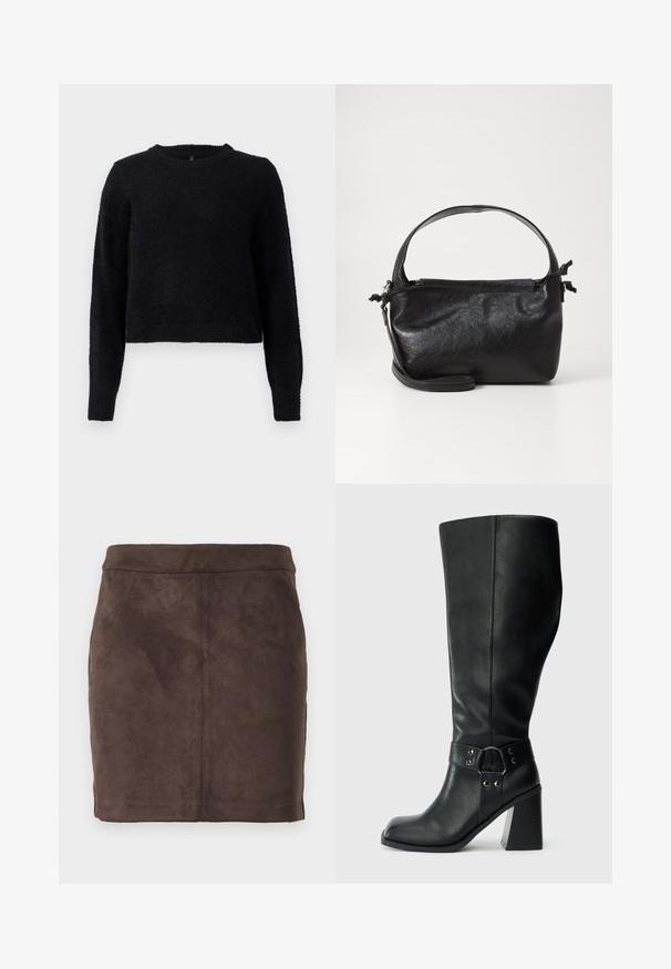Sort strikket sweater med lange ærmer, rund halsudskæring og en blød, tekstureret finish. Designet har en cropped snit og ribbet kant.; Brun ruskind mini-nederdel med en glat tekstur, tætsiddende design og en flad talje, der har lodrette sømme for struktur.; Knæhøje sorte læderstøvler med firkantet tå, bred hæl og en dekorativ rem med metalaccenter omkring anklen. Glat tekstur.; Sort læderhåndtaske med et struktureret design, rund tophåndtag og aftagelig skulderrem. Den har en glat tekstur og en subtil glans.
