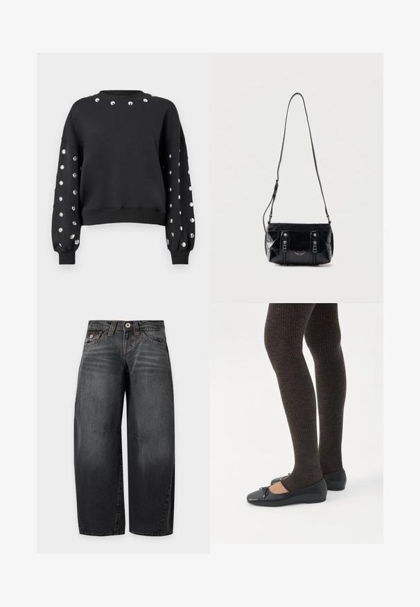 Sweatshirt noire avec col rond et manches ballons, ornée de clous métalliques le long des épaules et des manches. Matière douce.; Jean noir en denim à jambes larges avec un effet délavé, bouton à l’avant, passants de ceinture et design classique à cinq poches, présenté sur un fond uni.; Jambes portant des leggings côtelés foncés associés à des ballerines noires avec de petits détails en nœud sur fond blanc.; Sac à bandoulière en cuir noir avec sangle réglable, deux fermetures éclair verticales sur le devant et un petit emblème métallique en forme d'aile sous les fermetures éclair.
