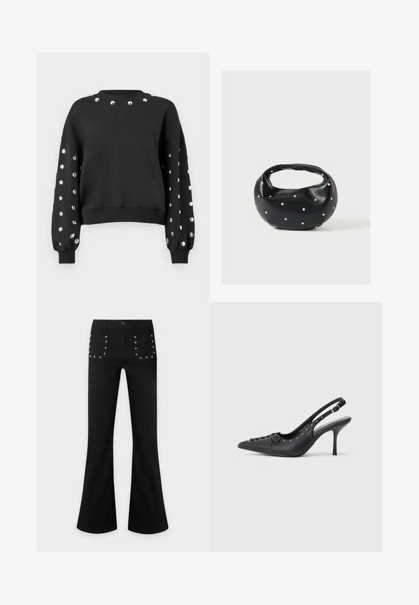 Sweatshirt noire avec col rond et manches ballons, ornée de clous métalliques le long des épaules et des manches. Matière douce.; Pantalon noir évasé avec poches avant décorées de clous argentés espacés régulièrement, fermeture par bouton et fermeture éclair.; Escarpin en cuir noir à talon aiguille avec un bout pointu, une bride latérale à boucle, des clous le long du bord et un laçage décoratif à l'avant.; Sac à main en cuir noir de forme arrondie, décoré de clous argentés et équipé d'une poignée courte. Texture lisse et fermeture éclair.