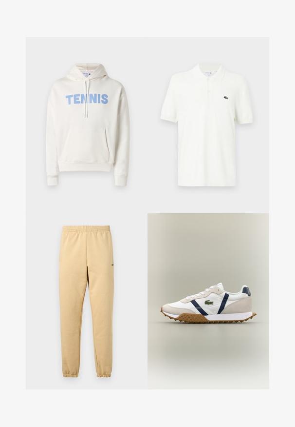 Sweat à capuche blanc avec le texte "TENNIS" en bleu clair sur la poitrine, poche avant et capuche à cordon.; Polo-shirt blanc en coton lisse avec un col classique, patte de boutonnage à trois boutons et un petit logo crocodile vert sur la poitrine.; Pantalon de jogging beige avec taille élastique et poignets, arborant un petit logo crocodile vert brodé sur la cuisse droite.; Baskets blanches avec des accents en daim beige et des rayures bleu marine. Elles présentent une semelle en gomme texturée et un petit logo de crocodile vert sur le côté.