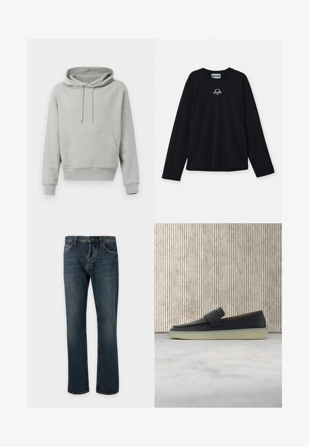 Grau Baumwoll-Hoodie mit einer Fronttasche, Kapuze mit Kordelzug, gerippte Bündchen und Saum. Glatte Textur, lässiges Design und eine lockere Passform.; Schwarzes Langarm-T-Shirt aus Baumwolle mit einem runden Halsauschnitt und einem kleinen Grafiklogo auf der Brust, mit lockerer Passform und gerader Schnittführung.; Dunkelblaue Straight-Leg-Denimjeans mit vorderem Knopf und Reißverschluss, Gürtelschlaufen und sichtbaren vorderen Taschen vor einem einfarbig hellen Hintergrund.; Schwarzer Lederloafer mit weißer Sohle, der auf einem beigen Teppich in der Nähe eines runden braunen Holzbeins eines Tisches ruht.