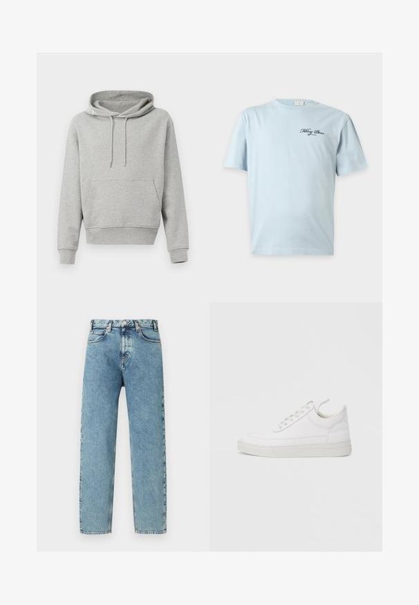 Grijze katoenen hoodie met een voorzak, trekkoordcapuchon, ribgebreide manchetten en zoom. Soepele textuur, casual ontwerp en een ontspannen pasvorm.; Lichtblauw T-shirt met korte mouwen en kleine zwarte cursieve tekst "Filling Pieces of Cinema" op de linkerborst.; Lichtblauwe spijkerbroek met een rechte pijp, vijf zakken en een messing knoopsluiting. De stof heeft een licht gestructureerde, vervaagde uitstraling.; Witte leren sneaker met een afgeronde neus, platte zool en veters aan de voorkant. Voorzien van stikseldetails en een gevoerde kraag voor comfort.