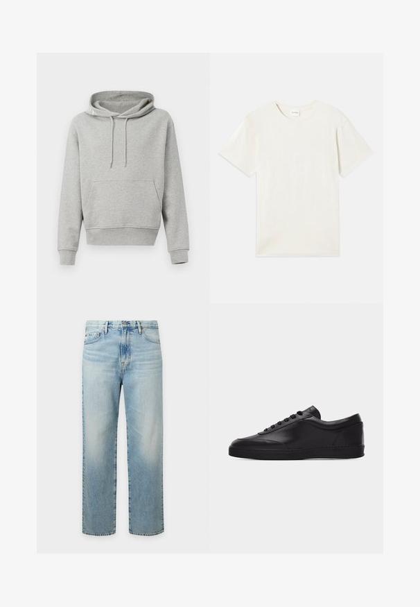 Grijze katoenen hoodie met een voorzak, trekkoordcapuchon, ribgebreide manchetten en zoom. Soepele textuur, casual ontwerp en een ontspannen pasvorm.; Korte mouwen, ronde hals t-shirt in licht beige, zachte katoenen textuur met een relaxte pasvorm en zonder zichtbare patronen of accenten.; Lichtblauwe rechte spijkerbroek met voorzakken, riemlussen en een knoopsluiting.; Zwarte lage leren sneaker met vetersluiting aan de voorkant en een platte rubberen zool, gezien van de zijkant tegen een effen witte achtergrond.