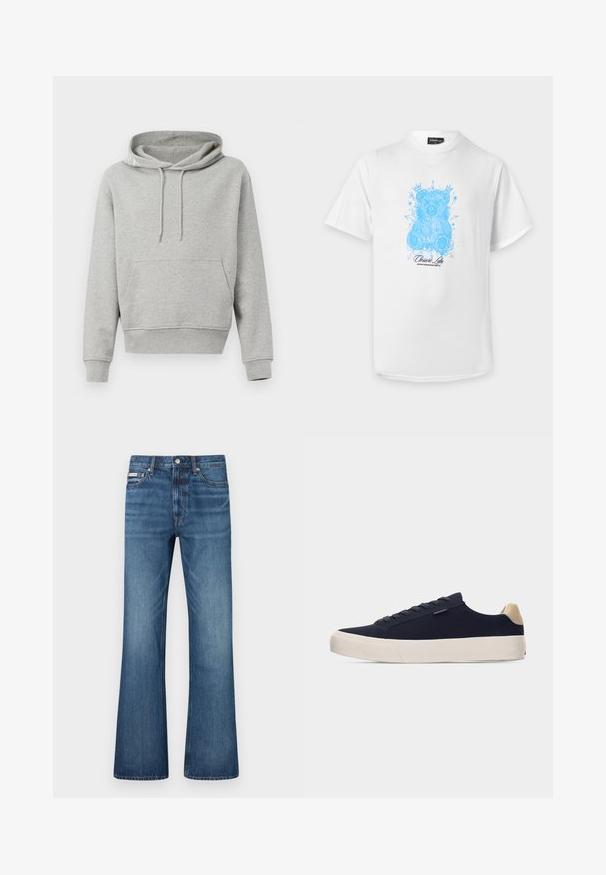 Grau Baumwoll-Hoodie mit einer Fronttasche, Kapuze mit Kordelzug, gerippte Bündchen und Saum. Glatte Textur, lässiges Design und eine lockere Passform.; Weißes kurzärmeliges T-Shirt mit einem blau skizzierten Teddybär und schwarzem Text "Closure Lan" auf der Vorderseite.; Blaue Jeans aus Denim mit leicht ausgestelltem Bein, fünf Taschen, Knopfverschluss und dezenten Verwaschungen an Oberschenkeln und Knien.; Niedrig geschnittener Sneaker in Marineblau mit beigem Fersenlasche, weißer dicker Sohle und Schnürverschluss, von der linken Seite auf hellem grauem Hintergrund dargestellt.